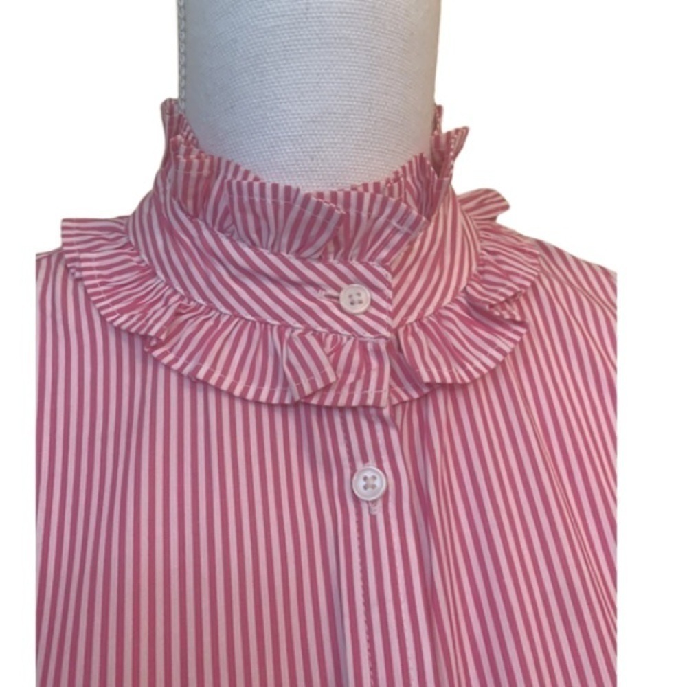 J.Crew Pink White Striped Ruffle Neck Button Down Shirt  Cotton Small - Picture 4 of 7